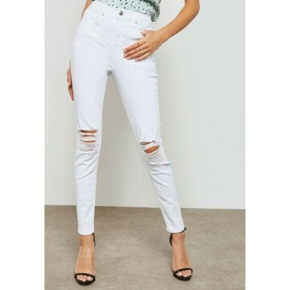 TOPSHOP Jeans High Rise Jamie Moto White Skinny Ripped Denim Pants Sz 34 NEW
